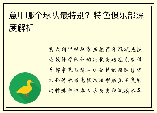 意甲哪个球队最特别？特色俱乐部深度解析
